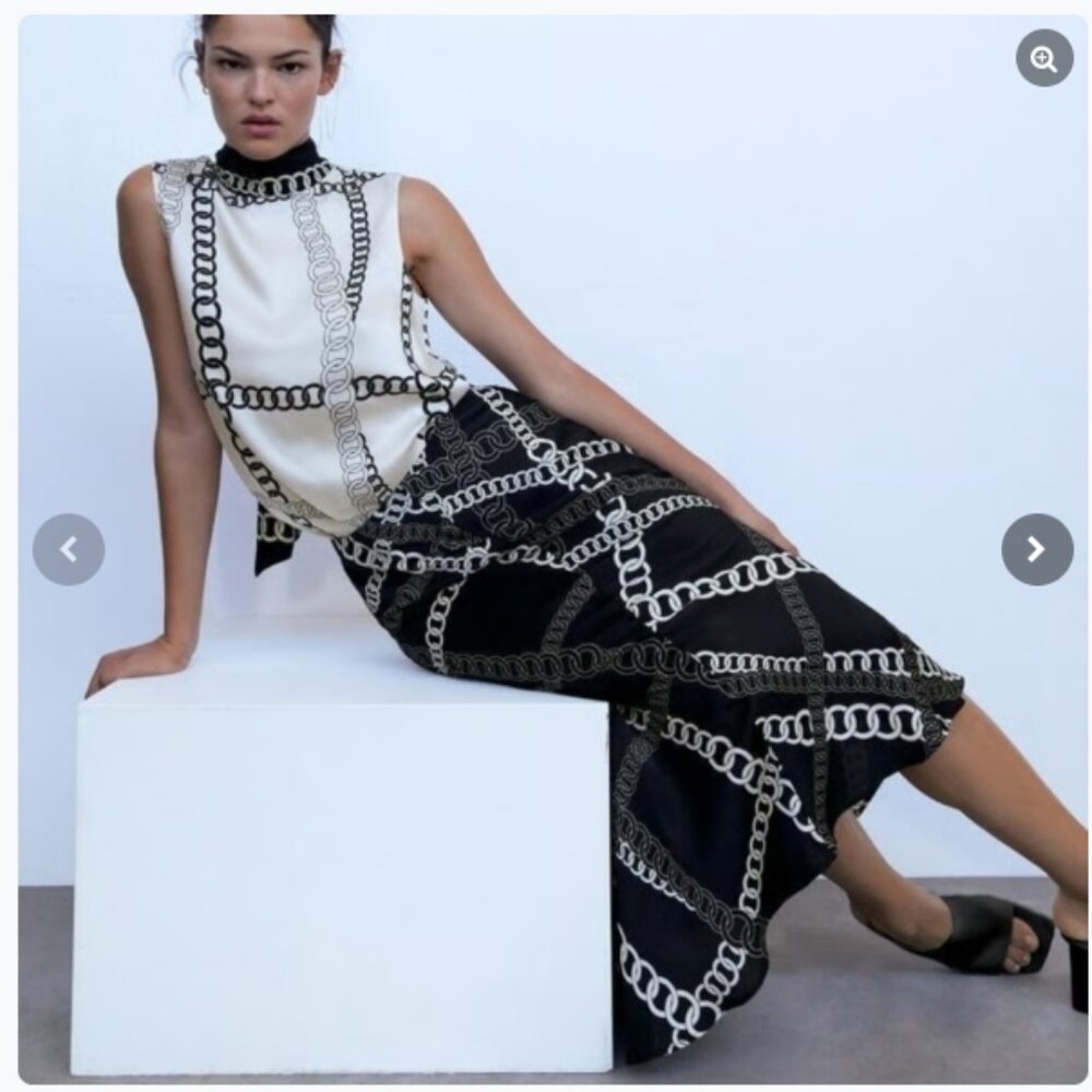 Zara chain print midi skirt black white scarf monochrome Skirt + Top Set (M)